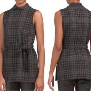 Theory Mock Neck Black Structured Knit Pattern Belted Sleeveless Tunic Size M